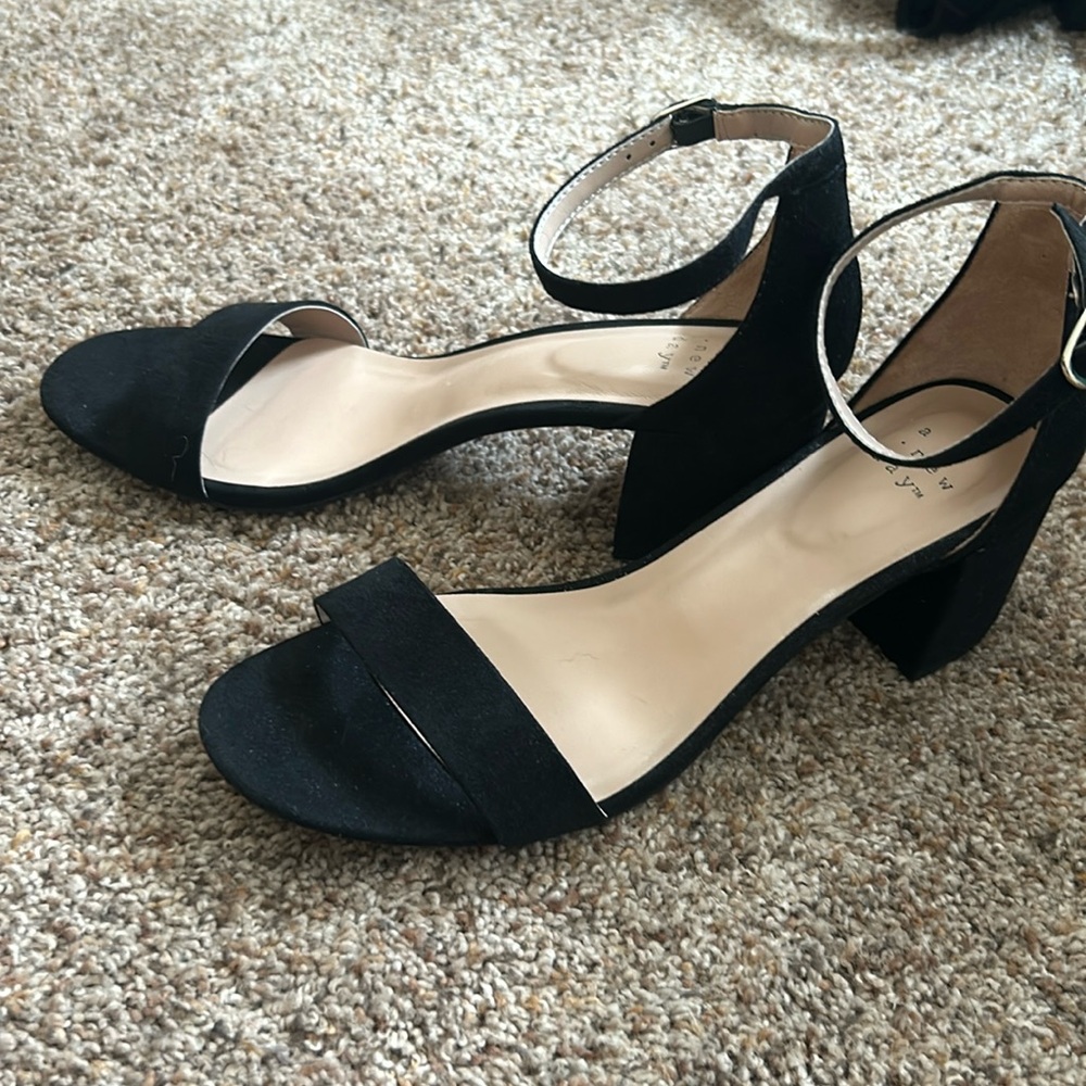 A New Day sueded black ankle strap block heeled sandals size 8 1/2. Like new.